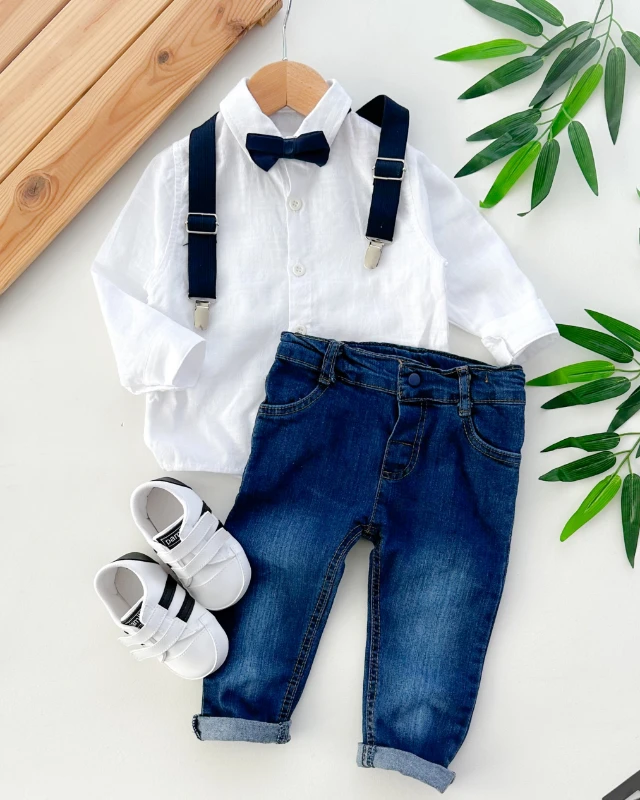 Jeans pantolon keten gömlekli papyonlu askı detaylı bayramlık 3lü takım