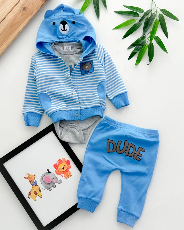 Dude tiger çizgili kapüşon hırkalı mevsimlik 3lü takım 