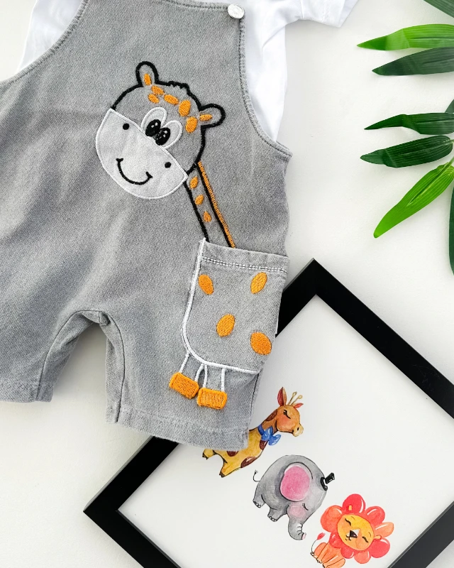 Şaşkın zürafa detaylı örme kot kumaş yazlık 2li salopet set 