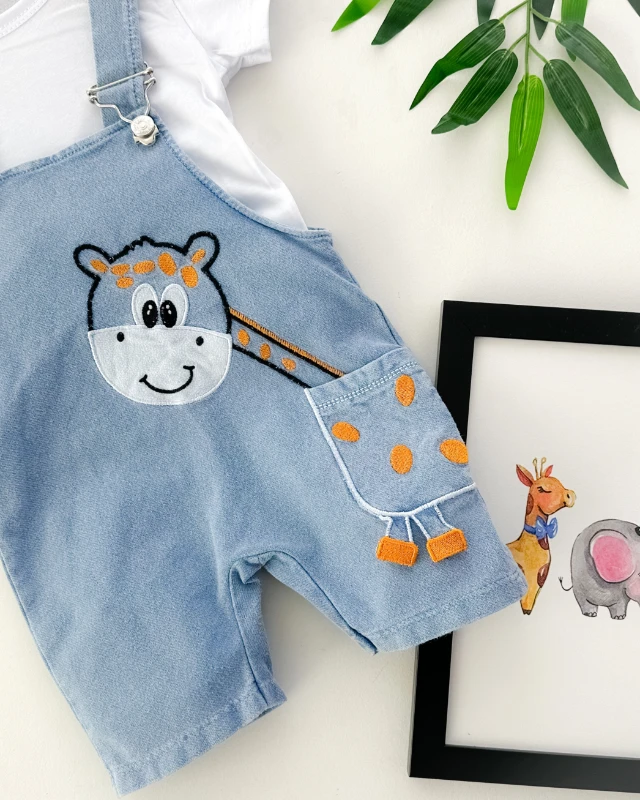 Şaşkın zürafa detaylı örme kot kumaş yazlık 2li salopet set 