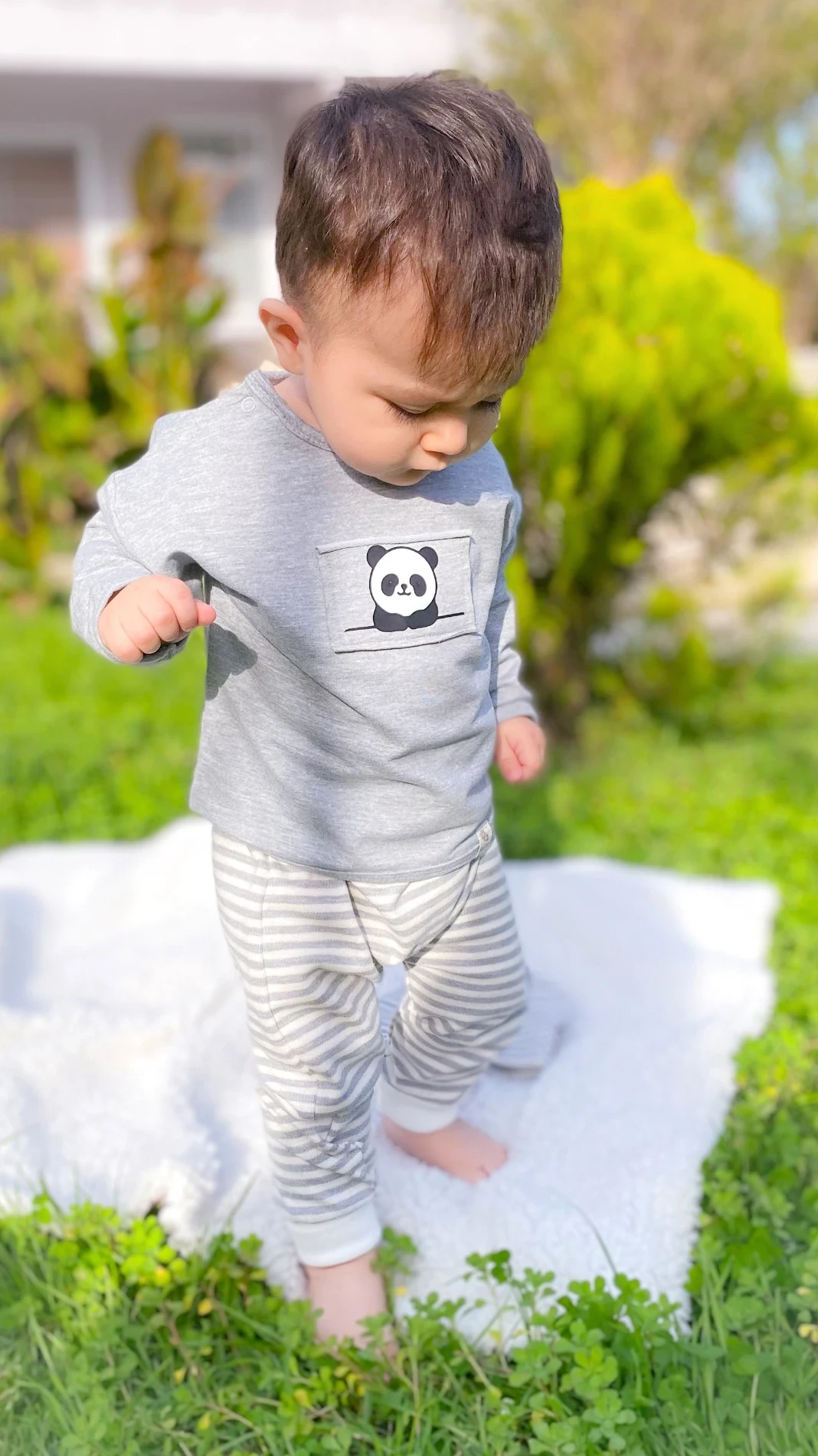 Panda baskı detaylı çizgili tarz bereli mevsimlik 3 lü takım 