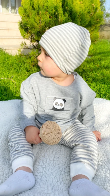 Panda baskı detaylı çizgili tarz bereli mevsimlik 3 lü takım 