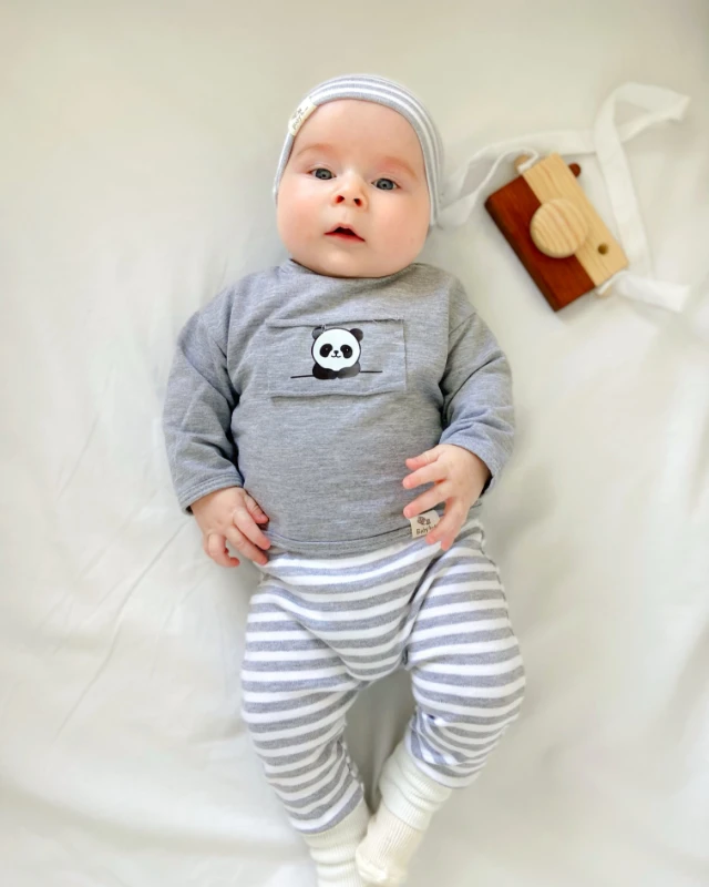 Panda baskı detaylı çizgili tarz bereli mevsimlik 3 lü takım 