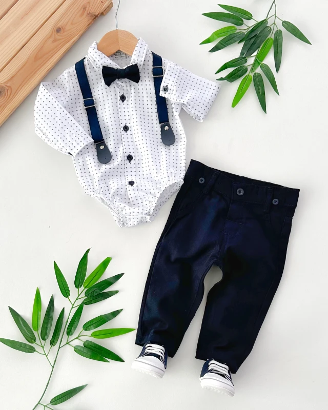 Puantiye zıbın gömlekli çıkarılabilir papyonlu bayramlık 4 parça takım 