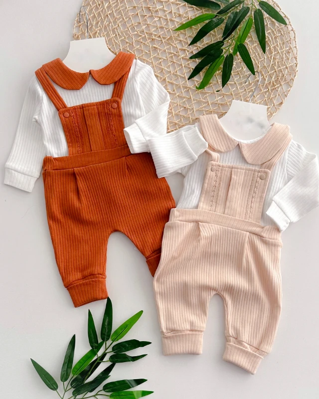 Çarpı nakış detaylı bebe yaka 2li salopet set 