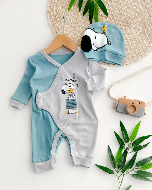 Happy snoppy baskılı yandan çıtçıt detaylı mevsimlik tulum set 