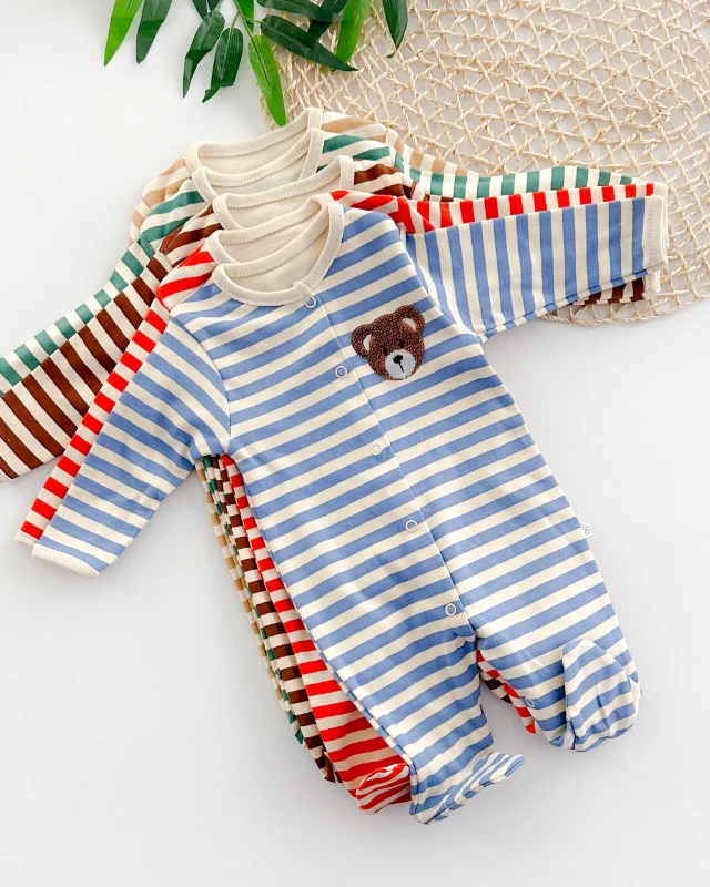 Teddy bear boydan çıtçıtlı ayaklı çizgili mevsimlik bebe tulum 