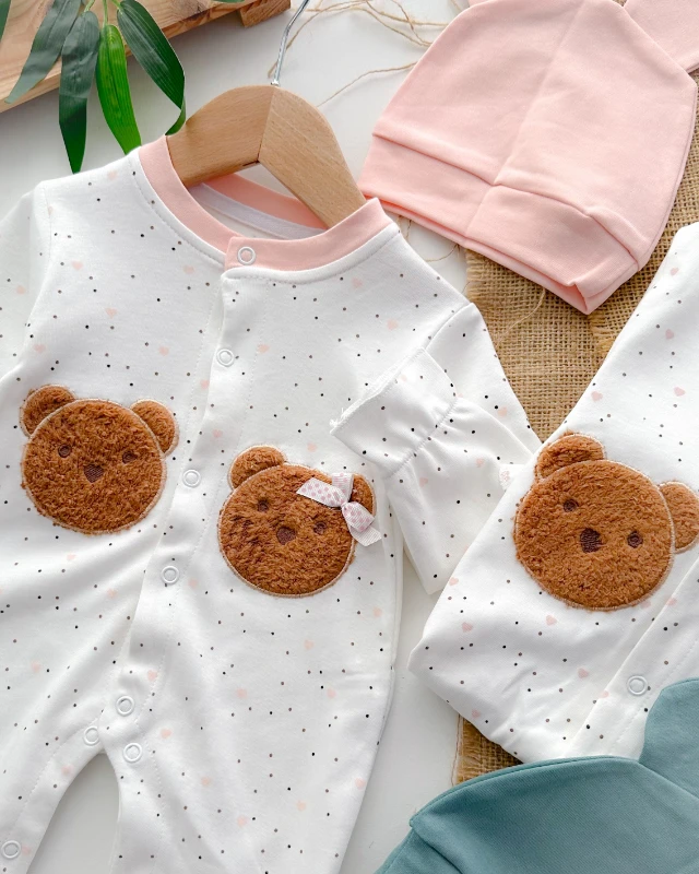 Fiyonk kurdela ayıcık punch detay boydan çıtçıtlı mevsimlik tulum set 