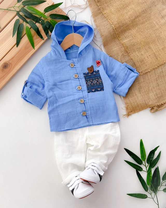 Etnik desen cep detaylı kapüşonlu gömlek muslin pantolon mevsimlik 2li takım 