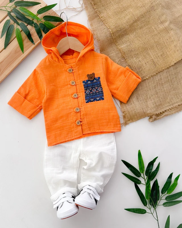 Etnik desen cep detaylı kapüşonlu gömlek muslin pantolon mevsimlik 2li takım 