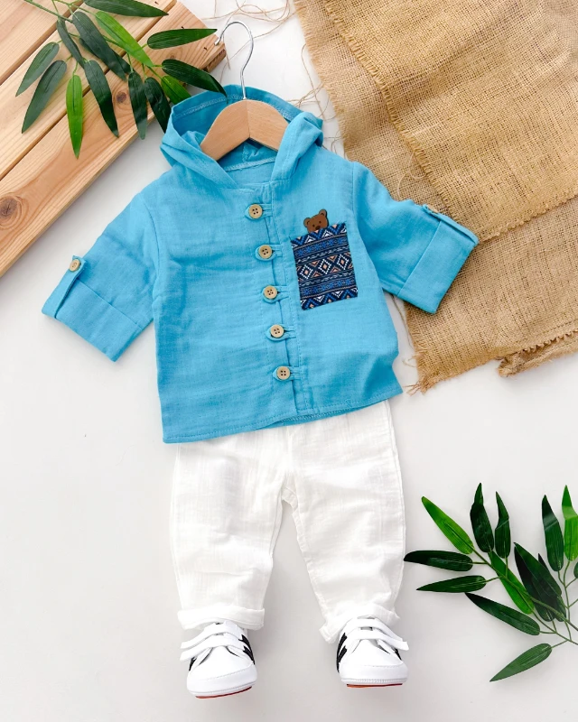 Etnik desen cep detaylı kapüşonlu gömlek muslin pantolon mevsimlik 2li takım 