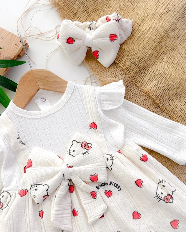 Hello kity desen salopet jile görünümlü astarlı mevsimlik elbise 