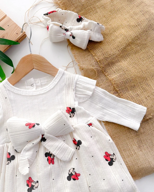 Kız farecik desen salopet jile görünümlü astarlı mevsimlik elbise 