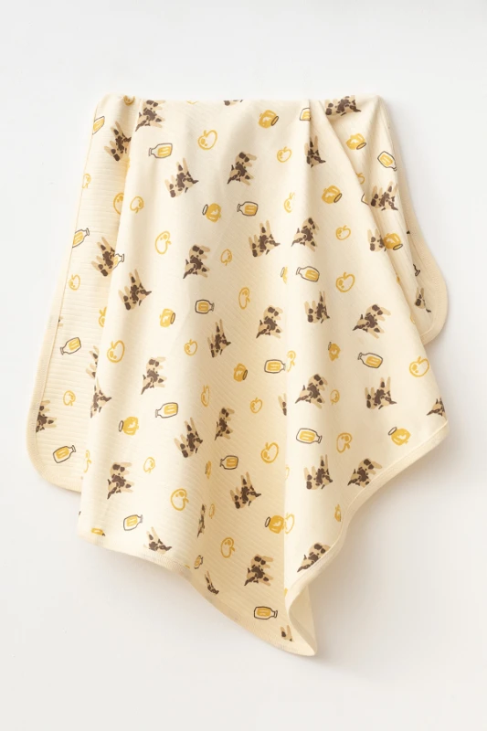 İnek ve süt desen kenarları biye detaylı tek kat penye battaniye (80*90)