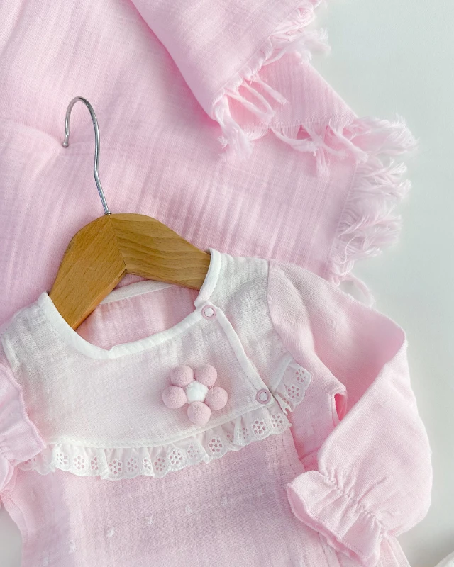 Ponpon papatya detaylı muslin kumaş mevsimlik yenidoğan 10 lu set 