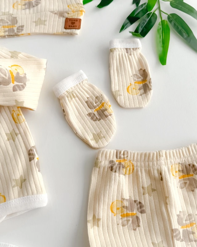 Rakun desen fitilli kumaş mevsimlik yenidoğan 5li set 