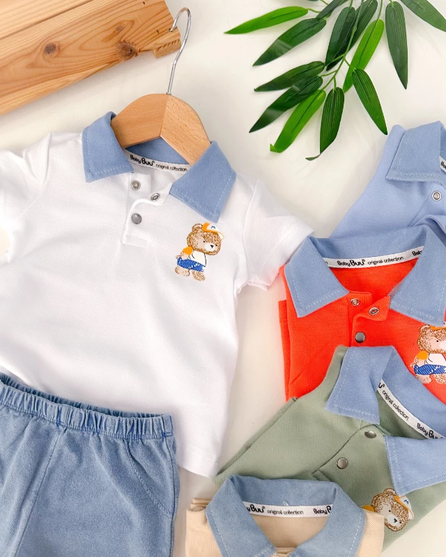 Cool ayıcık baskılı kot yaka detaylı örme kot şortlu yazlık 2li takım 