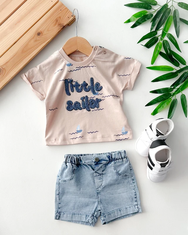Little sailer nakışlı omuzdan çıtçıtlı yazlık kot şortlu 2li takım 