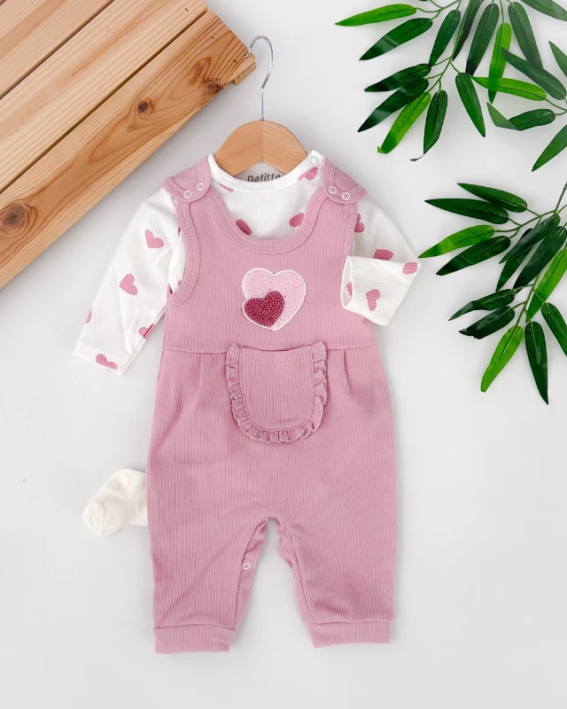 Kalp punch detay alttan ve omuzdan çıtçıt detay mevsimlik 2li salopet set 