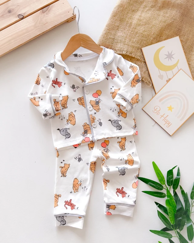 Bal sever ayıcık biye detaylı mevsimlik 2 parça pijama takımı 