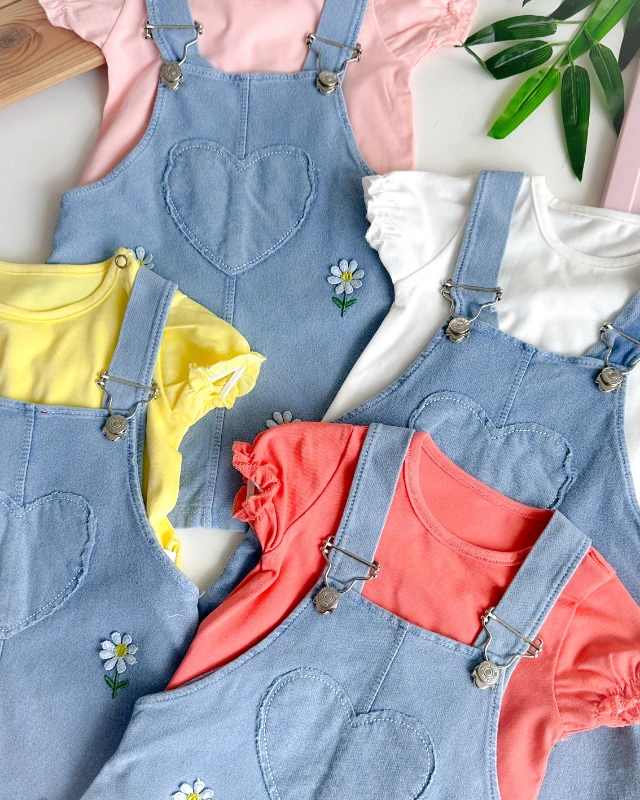 Çiçek nakışlar örme kot elbise salopet 2 parça set 