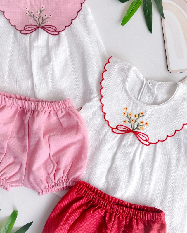 Fiyonk nakış yaka detaylı arkadan çıtçıtlı şortlu yazlık 2 parça takım 