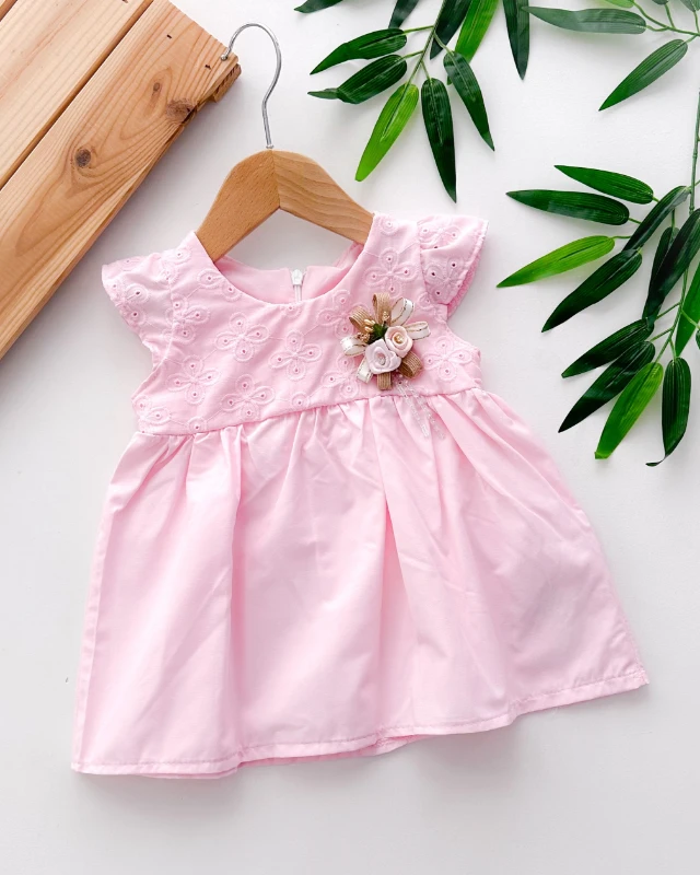 Gül broşlu brode detay yazlık bebe elbise 