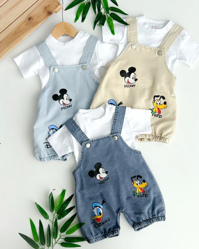 Mickey ve arkadaşları yazlık kot kumaş 2 parça salopet set 