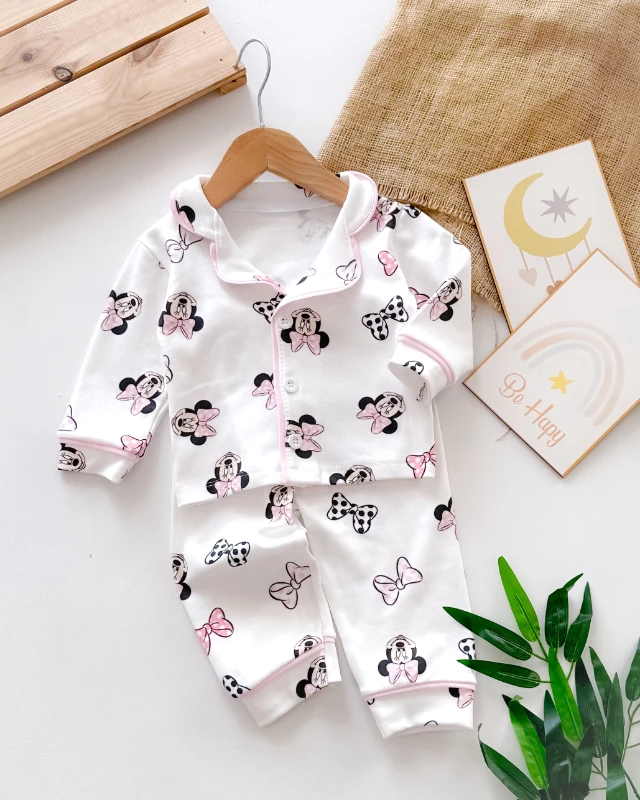 Pembe kurdelalı farecik biye detaylı mevsimlik pijama takım 