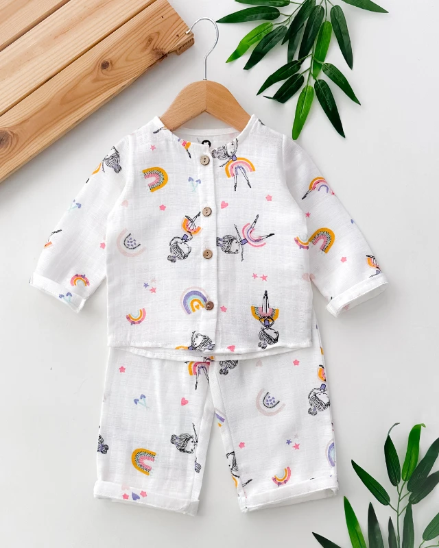 Balerin kız önden düğmeli muslin mevsimlik pijama takım