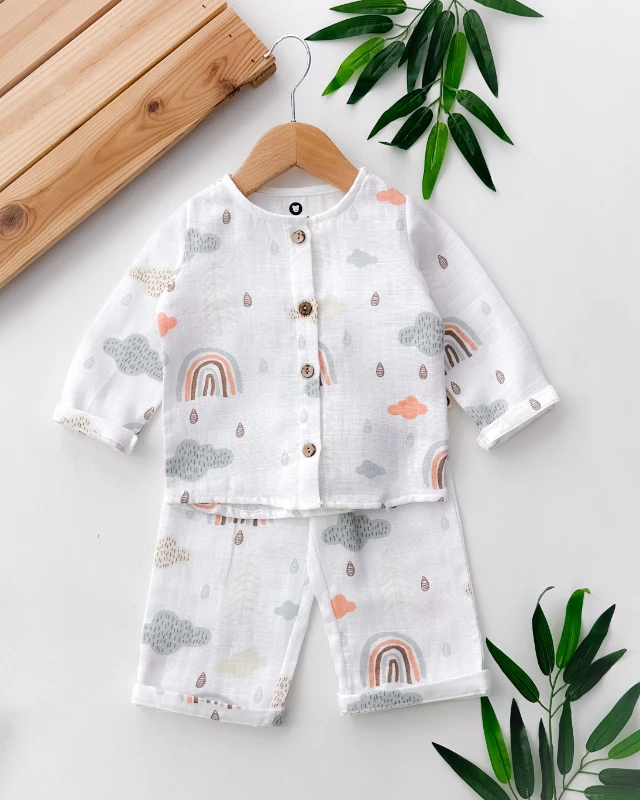 Bulut desen önden düğmeli muslin mevsimlik pijama takım 