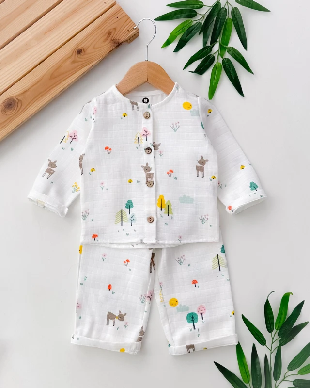 Karaca desen önden düğmeli muslin mevsimlik pijama takım 