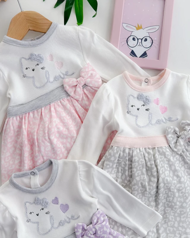 Love cats fiyonk detaylı kız bebe elbise 