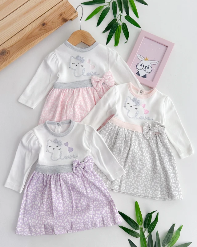 Love cats fiyonk detaylı kız bebe elbise 