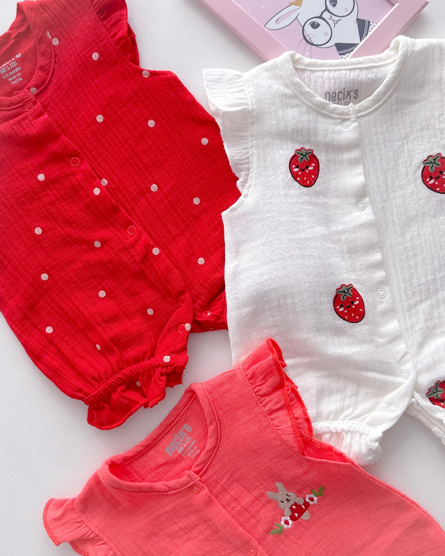 Çilek tavşancık boydan çıtçıtlı muslin yazlık 3lü tulum set 
