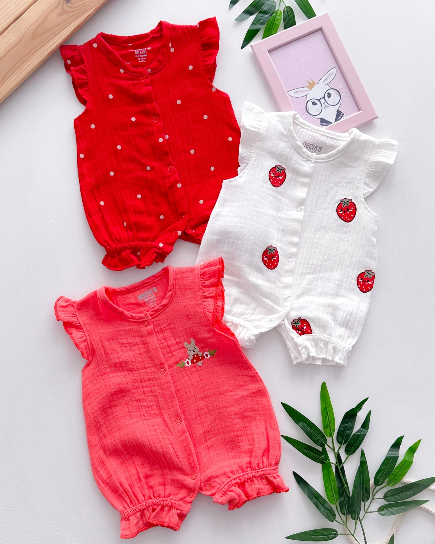 Çilek tavşancık boydan çıtçıtlı muslin yazlık 3lü tulum set  