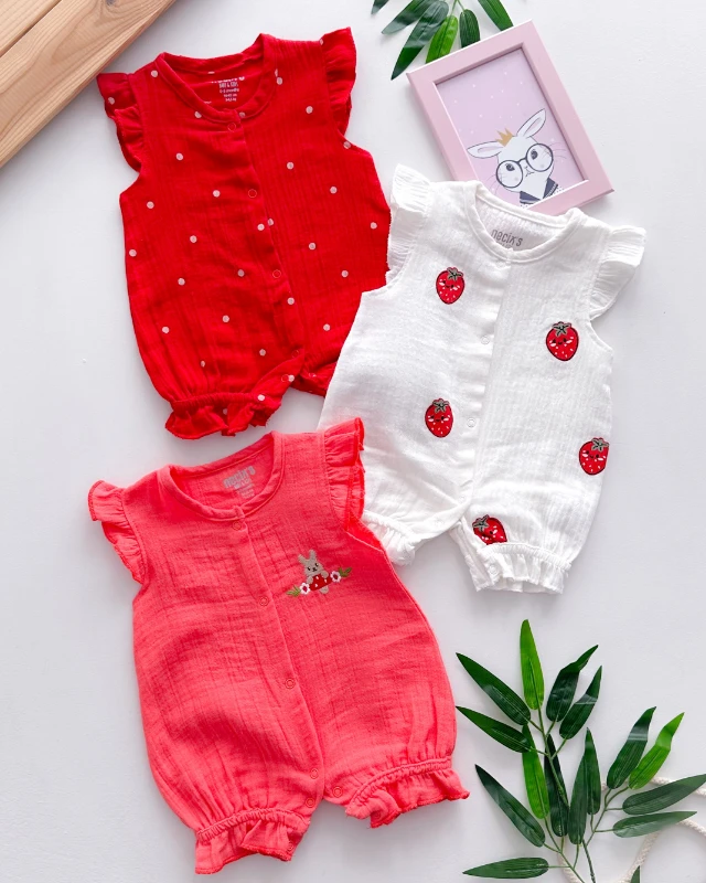 Çilek tavşancık boydan çıtçıtlı muslin yazlık 3lü tulum set 