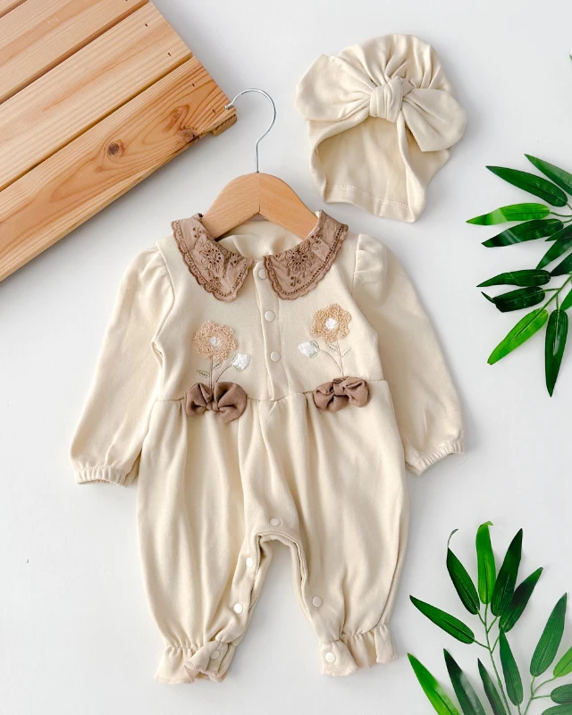 Fiyonk boneli güpür yaka alttan çıtçıtlı mevsimlik tulum set 