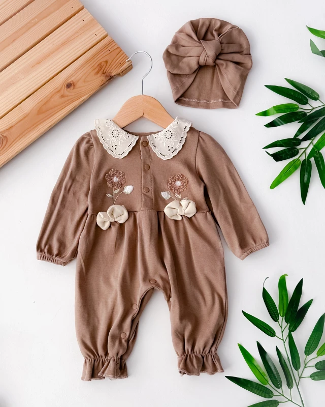 Fiyonk boneli güpür yaka alttan çıtçıtlı mevsimlik tulum set 