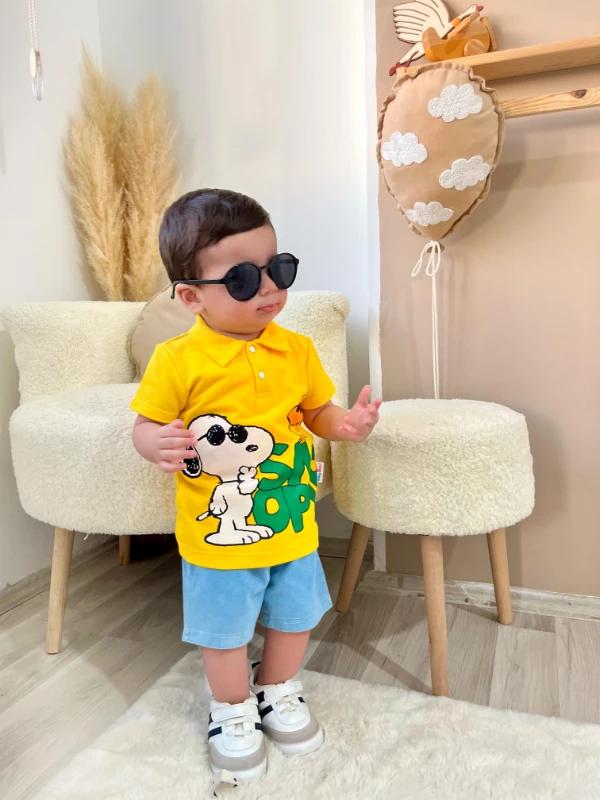 Havalı snoopy çıtçıt yakalı tshırt örme kot şortlu yazlık 2li takım 