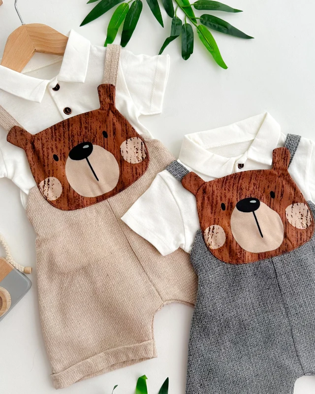 Big bear face şortlu salopet tshırt yazlık 2li set 