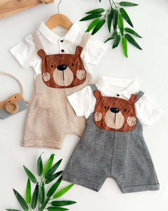 Big bear face şortlu salopet tshırt yazlık 2li set 