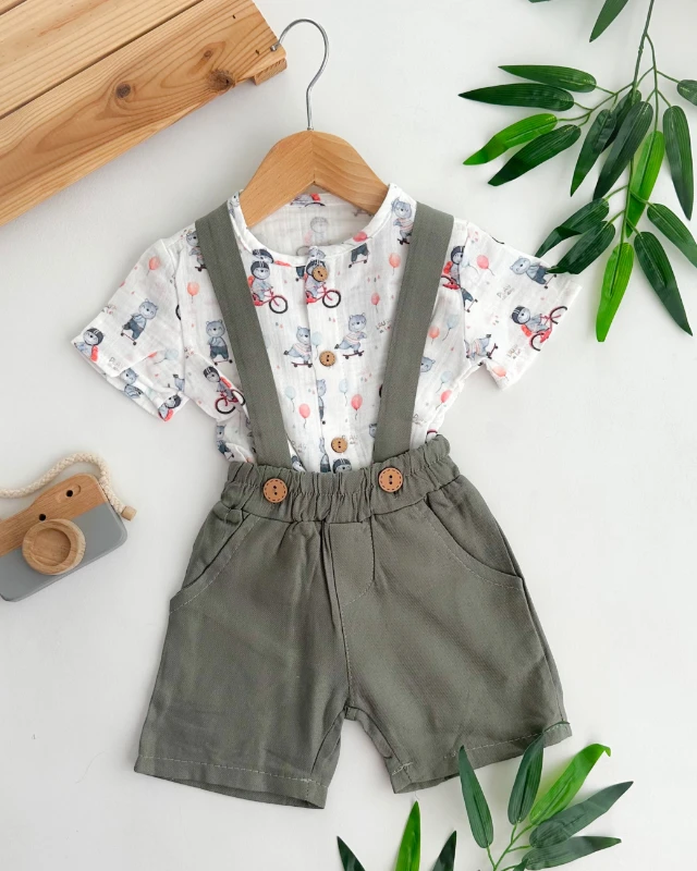 Bisikletli ayıcık desen muslin gömlekli şort salopetli yazlık 2li set 