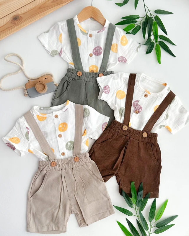 Tiger desen muslin gömlekli şort salopetli yazlık 2li set 