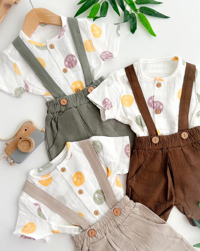 Tiger desen muslin gömlekli şort salopetli yazlık 2li set 