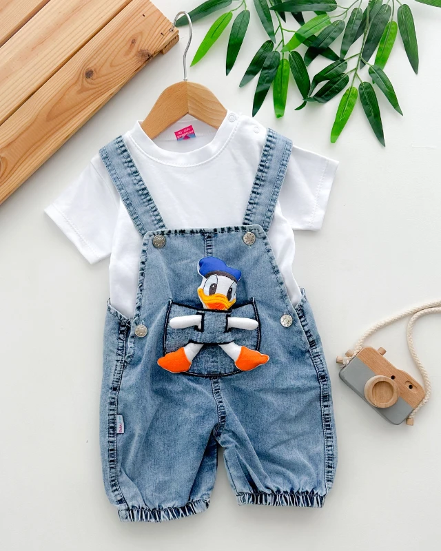 3d donald detaylı yazlık kot 2 parça salopet set 