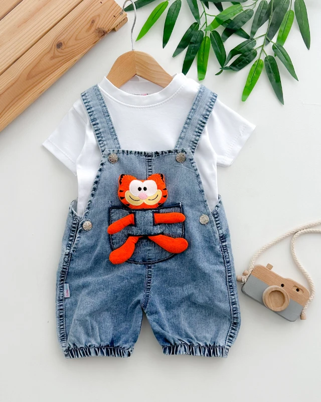 3d garfield detaylı yazlık kot salopet 2 parça set 