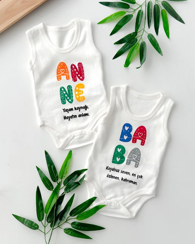 Anne baba yazılı kalın askılı yazlık alttan çıtçıtlı 2li badi set 