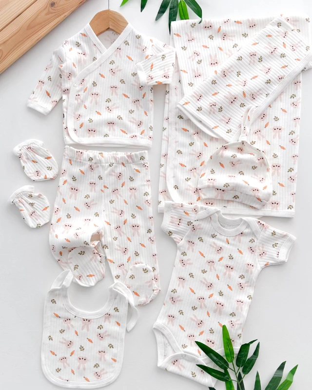 Havuç tavşan desen fitilli mevsimlik kumaş yenidoğan 7 parça set 