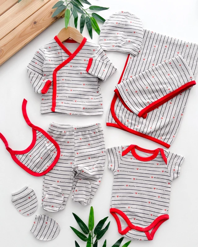 Love mum dad çizgili desen fitilli mevsimlik kumaş yenidoğan 7 parça set 